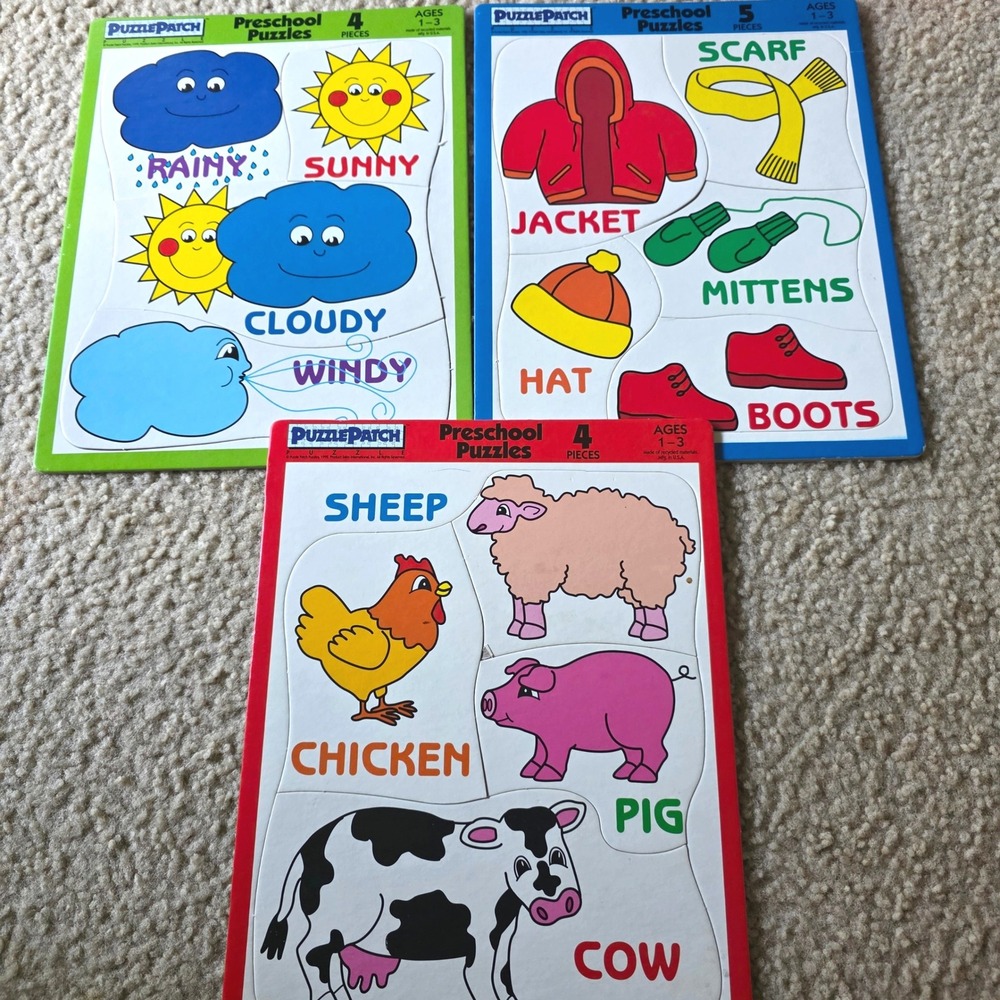 Puzzle Patch Preschool Puzzles Set of 3 Farm Animals Weather Winter Clothes 1-3